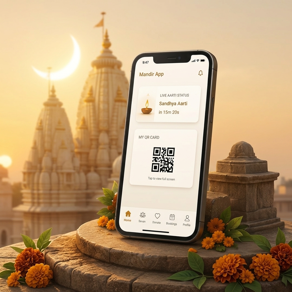 Mandir iPhone Mockup on Pedestal with Marigolds